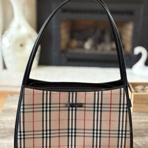 Burberry London Nova Check Shoulder Bag Zip Closure Logo Accent Beige Black Red