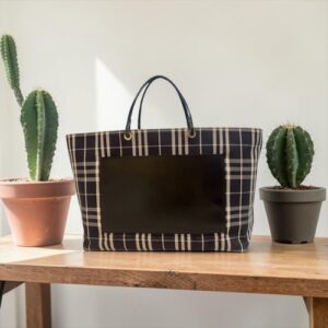 VTG Burberry Nova Check Tote XL Black Leather Cotton Canvas Open Top Bag Italy
