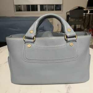 CELINE Light Blue Pebbled Satchel Zip Closure Gold Hardware Designer Bag
