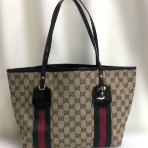 Gucci GG Canvas Sherry Line Tote Bag Beige Brown Red Green Auth