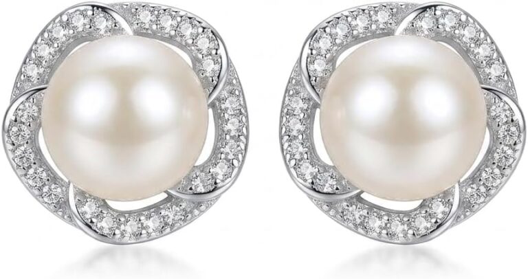 Nonnyl Sterling Silver Earrings Rose Flower Earring Pearl Stud Earrings Genuine Freshwater Cultured 9-10MM Pearl Stud