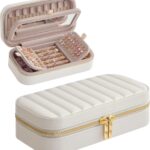 SONGMICS HOME ANAH Collection – Travel Jewelry Case, Small Jewelry Box Organizer with Mirror, 10.5 x 20.5 x 6 cm, PU Surface with Stitching, Portable, Zippers, Gift Idea, Cloud White UJBC180W01