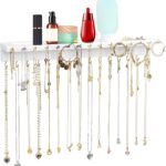YYILIS Necklace Holder, Upgraded Extra Large Wall Necklace Organizer with 30 Hooks Wall Mounted Necklace Hanger with Jewelry Tray/Cosmetics Shelf Rustic Pine Wood Holder (White)