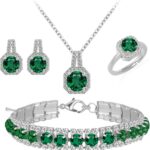 4pcs Cubic Zirconia Wedding Jewelry Sets for Bride Bridesmaid Cubic Zirconia Pendant Necklace Earrings Link Tennis Bracelet Open Ring Set for Women