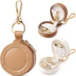 Portable Jewelry Ring Holder Box with Keychain, Small Jewelry Storage Box Case Travel Ring Earring Stud Necklace Storage Case (White+Khaki)