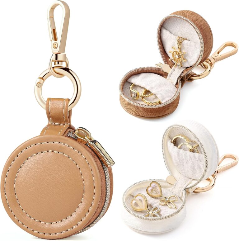 Portable Jewelry Ring Holder Box with Keychain, Small Jewelry Storage Box Case Travel Ring Earring Stud Necklace Storage Case (White+Khaki)