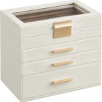 SONGMICS GISELLA Collection – Jewelry Box Organizer, 4-Layer Jewelry Storage with 3 Drawers, Shiny Metal Hardware, Glass Lid, Modern, 15.3 x 25.1 x 21.5 cm, Cloud White and Gold Color UJBC161W01