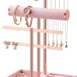 bussdis 3 Tier Bracelet Holder Display – Detachable T Bar Pink Velvet Bracelet Holder, Jewelry Holder Organizer for Bracelet, Necklace, Earrings, Rings