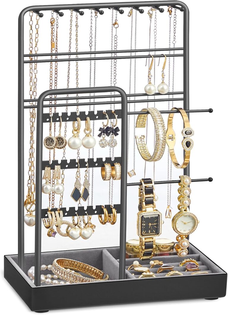 SONGMICS Jewelry Holder, Jewelry Organizer, Jewelry Display Stand with Metal Frame, Ink Black UJJS021B01