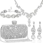 Quelay ​​​​4 Pcs Purse Rhinestone Jewelry Set for Wedding Bridal Women Handbag with Necklace Bracelet Dangle Earrings (Silver,Classic)