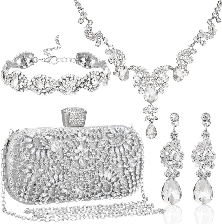 Quelay ​​​​4 Pcs Purse Rhinestone Jewelry Set for Wedding Bridal Women Handbag with Necklace Bracelet Dangle Earrings (Silver,Classic)