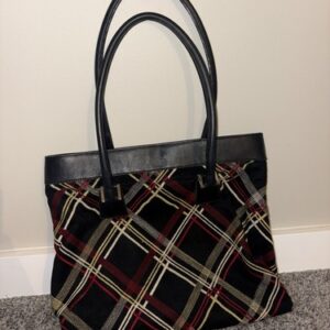 Burberry Plaid Tote Bag Black Red Beige Magnetic Zip Double Handles Pockets