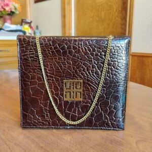 Vintage Givenchy 1960s Deep Brown Croc Embossed Leather Gold Chain Flap Purse