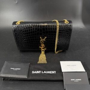 Saint Laurent Kate Tassel Chain Black Croc Embossed Bag Dust Bag