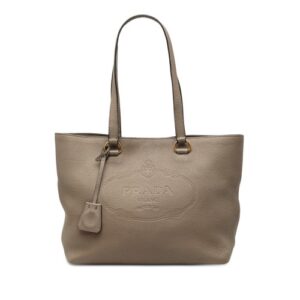 Prada Vitello Daino Canapa Logo Tote Pre-Loved Taupe