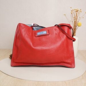 Prada Red Leather Tote Bag with Logo Plate