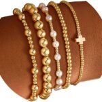 M MOOHAM Gold Beaded Bracelets Set for Women Teen Girls – Dainty 14K Gold Plated Beaded Pearl Cross Bracelet Stack for Women Trendy Non Tarnish Adjustable Stretch Jewelry Gifts