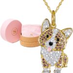 SCAMPER & CO Corgi Pendant Necklace for Women – Genuine Gemstone and Cubic Zirconia Puppy Charm with Elegant Backplate, Premium Plated Sterling Silver Chain Easy Closure,18 inch