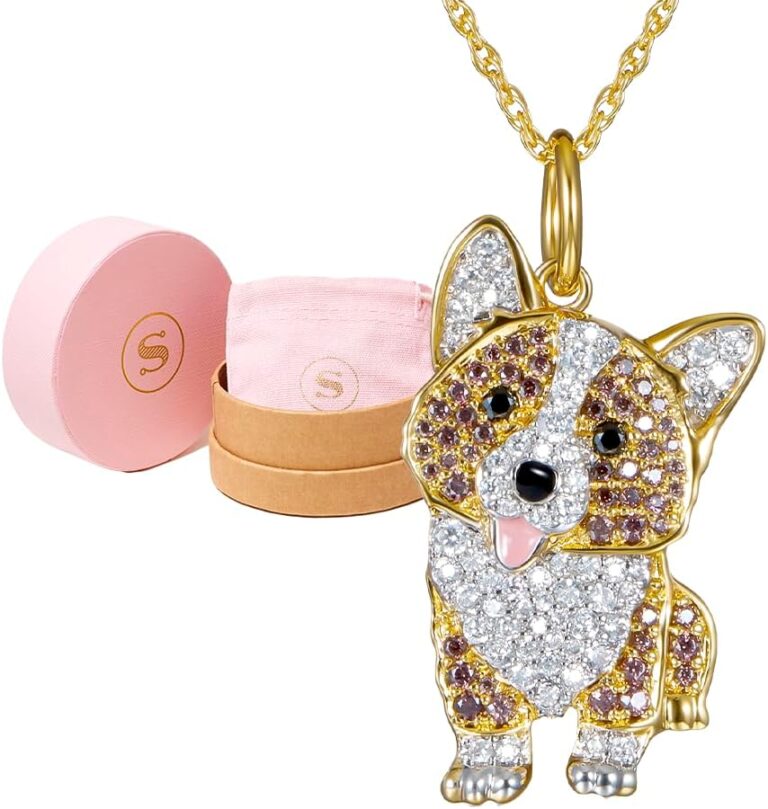 SCAMPER & CO Corgi Pendant Necklace for Women – Genuine Gemstone and Cubic Zirconia Puppy Charm with Elegant Backplate, Premium Plated Sterling Silver Chain Easy Closure,18 inch
