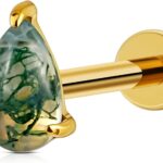FINE4U Helix Tragus Conch Piercing Jewelry Stud 18G 6mm 8mm – ASTM F136 Titanium Threadless Moss Agate Cartilage Flat back Earring Stud
