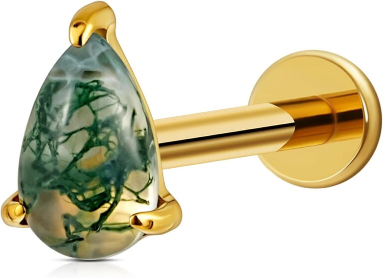 FINE4U Helix Tragus Conch Piercing Jewelry Stud 18G 6mm 8mm – ASTM F136 Titanium Threadless Moss Agate Cartilage Flat back Earring Stud