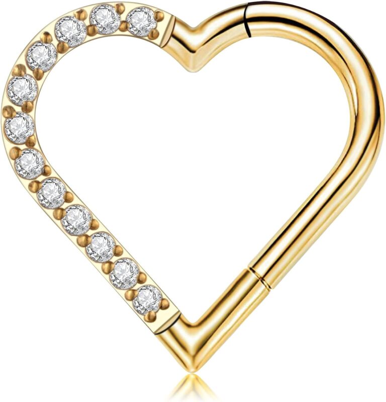 FINE4U Heart Daith Piercing Jewelry 16G 8mm 10mm Left Right Ear – ASTM F136 Titanium Clicker Daith Earrings