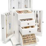 Emfogo Jewelry Box for Women, Rustic Wooden Jewelry Boxes & Organizers with Mirror, 4 Layer Jewelry Organizer Box Display for Rings Earrings Necklaces Bracelets (Weathered White)