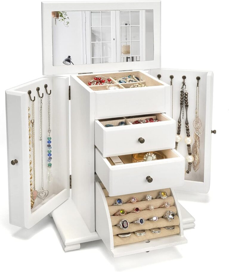 Emfogo Jewelry Box for Women, Rustic Wooden Jewelry Boxes & Organizers with Mirror, 4 Layer Jewelry Organizer Box Display for Rings Earrings Necklaces Bracelets (Weathered White)