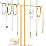 pickpiff Necklace Holder Jewelry Organizer Stand – 2‑Tier T‑Bar Jewelry Display Tree with Tray for Countertop Necklace Bracelet Earring Storage, Vanity Dresser Bathroom Sink, Gold