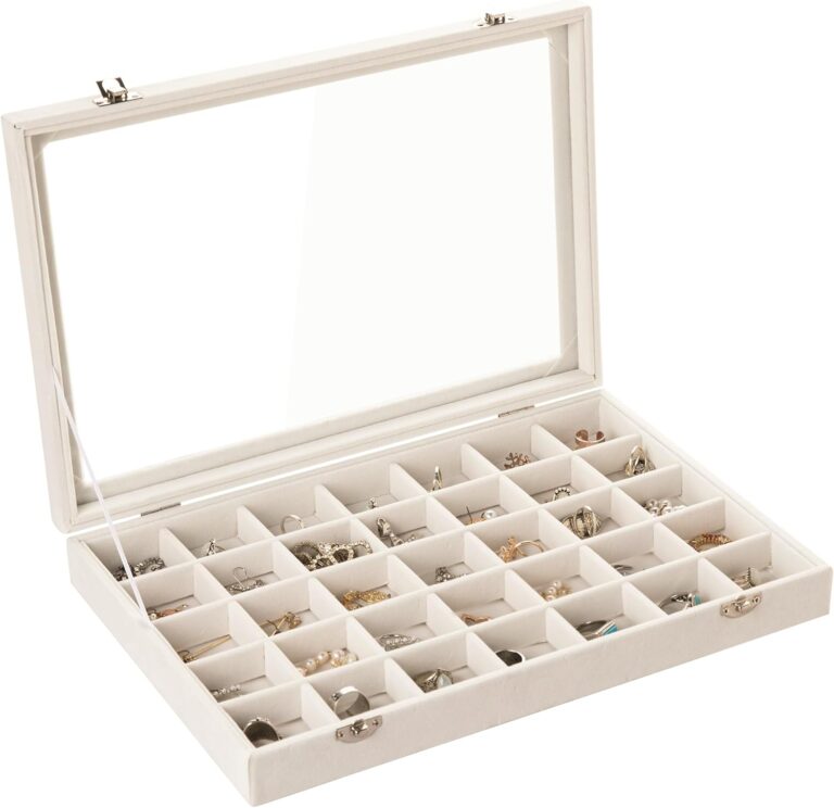 Frebeauty Velvet Jewelry Tray 35 Grid Jewelry Organizer with Clear Lid Transparent Earring Organizer Holder Case with Clasp Drawer Insert for Rings Studs Gift for Women Girls(Beige 35 Grid) | Earring Organizers And Storage,Jewelry Box,Earring Case For Drawer,Adjuatable Dividers,Drawer Insert,Gift For Women Girls