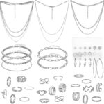 34 Pcs Silver Jewelry Set for Women Layered Bracelets Ball Dangle Hoop Earrings Stackable Knuckle Rings Set Dainty Adjustable Necklaces Valentine Anniversary Trendy Party Costume Accessories Jewelry