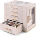 Homeanda Large Jewelry Organizer Box for Women – 2-Layer PU Leather Storage Case for Rings, Earrings, Necklaces, Bracelets, Watches & Hair Accessories (Beige)