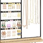 Feyejade Hanging Jewelry Organizer, 5-Tier Wall Earring Holder with Wooden Ring Groove, Jewelry Rack Wall Mounted for Earrings, Necklaces, Bracelets and Rings, Jewelry Holder Stand, Black
