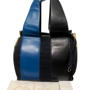 Chloe Bicolor Leather Handbag Tote Beach Bag Navy Black Suede Women's Authentic