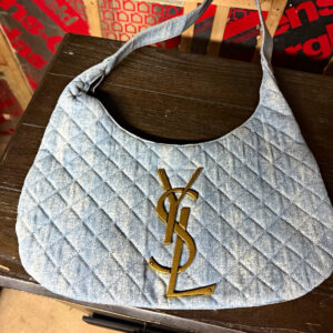 Saint Laurent Quilted Blue Crescent Shoulder Bag Gold Logo