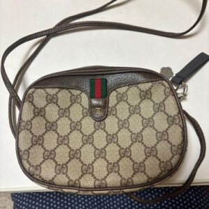 GUCCI GG Sherry Line Shoulder Bag Ziplock Leather PVC Brown Beige Gold Hardware