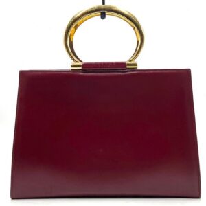 CELINE Gancini Metal Handle Bordeaux Leather Top Handle Bag Vintage Auth