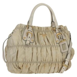 PRADA Gathered Hand Bag Nylon 2way Beige Gold Auth BA11812A