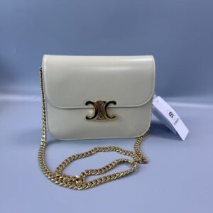 Auth Celine Triomphe Chain Beige Calfskin Crossbody Bag Gold Hardware Classic