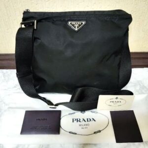 PRADA Tessuto Nylon Black Unisex Shoulder Bag with Metal Logo Authentic