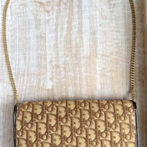 Vintage Christian Dior Oblique Monogram Chain Shoulder Bag Brown Canvas Leather