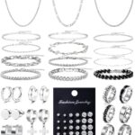 RIOSO Jewelry Set for Men Silver Stainless Steel Cuban Link Necklace Bracelet Rings Hoop Stud Earrings Mens Jewelry Set