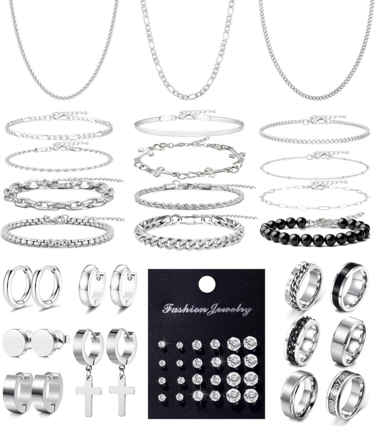 RIOSO Jewelry Set for Men Silver Stainless Steel Cuban Link Necklace Bracelet Rings Hoop Stud Earrings Mens Jewelry Set