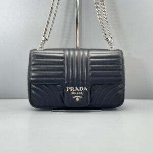 Authentic Prada DiagrammeBlack Quilted Leather Flap Chain Bag 1BD108 Auth Silver