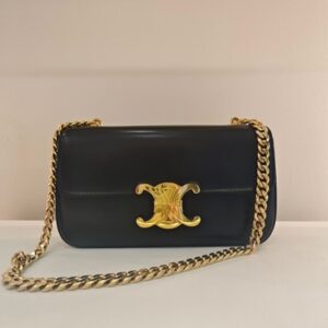 Celine Small Triomphe Claude Crossbody Flap Bag Black Shiny Leather Gold