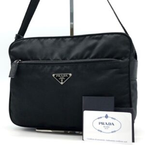 Prada Shoulder Bag Triangular Logo Plate Silver Hardware Nylon Leather Black