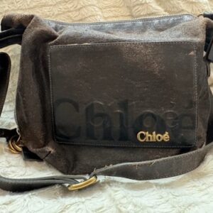 Chloe Vintage Leather Metal Logo Shoulder Bag Brown Genuine Authentic