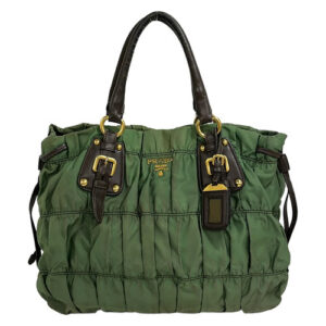 PRADA Gathered Bag BN1788 Green Dark Brown Nylon Leather Tote Bag