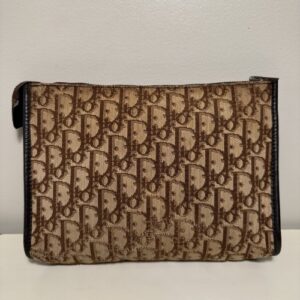 Christian Dior Trotter Canvas Clutch Bag Beige Brown Gold Zip Vintage Logo Bag
