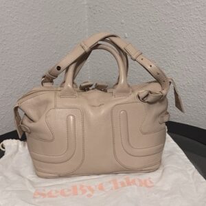 See By Chloé Beige Satchel Top Handle Bag Adjustable Strap Zip Gold Hardware
